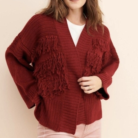 NWT Raga Open Cardigan Fringe Cherry Red Knit Drop Shoulder Boxy Size Large - Picture 2 of 10